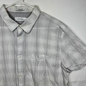 Calvin Klein Linen Blend Button Up Plaid‎ Short Sleeve Shirt Sz XL